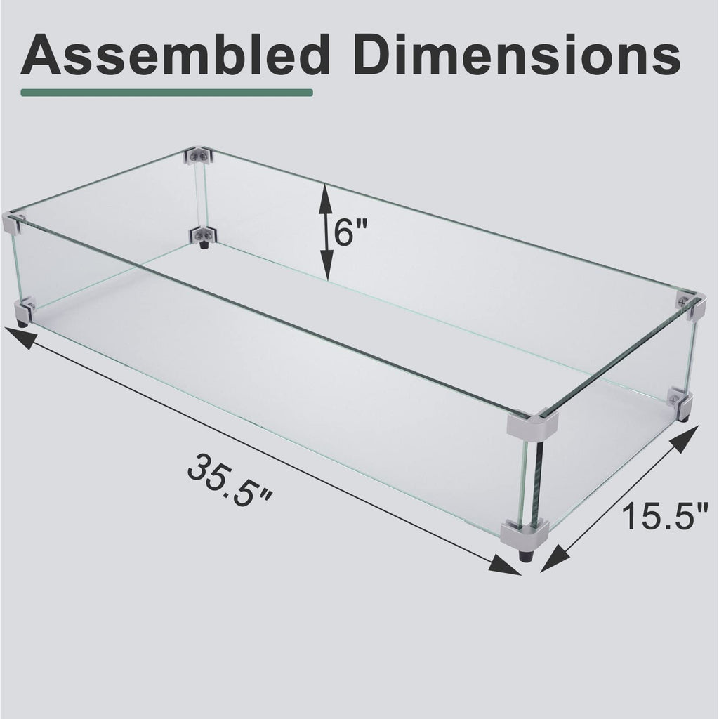 GASPRO 35.5 x 15.5 Inch Glass Wind Guard for Rectangular Fire Pit Table, Thick and Sturdy Tempered Glass Panel with Hard Aluminum Corner Bracket & Rubber Feet, Easy to Assemble