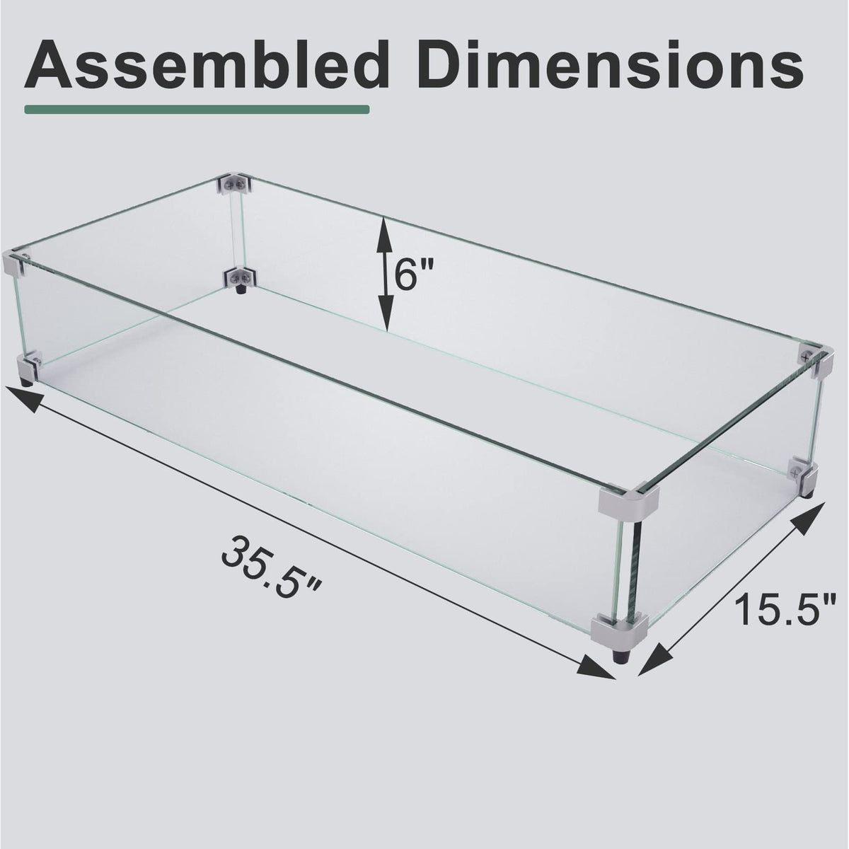 GASPRO 35.5 x 15.5 Inch Glass Wind Guard for Rectangular Fire Pit Table, Thick and Sturdy Tempered Glass Panel with Hard Aluminum Corner Bracket & Rubber Feet, Easy to Assemble