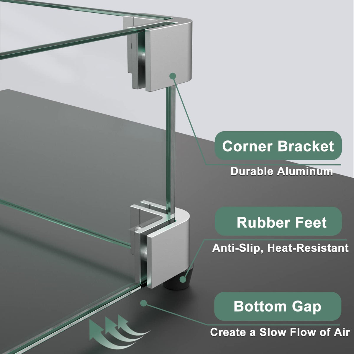 GASPRO 19.5 Inch Glass Wind Guard for Square Fire Pit Table, Thick and Sturdy Tempered Glass Panel with Hard Aluminum Corner Bracket & Rubber Feet, Easy to Assemble