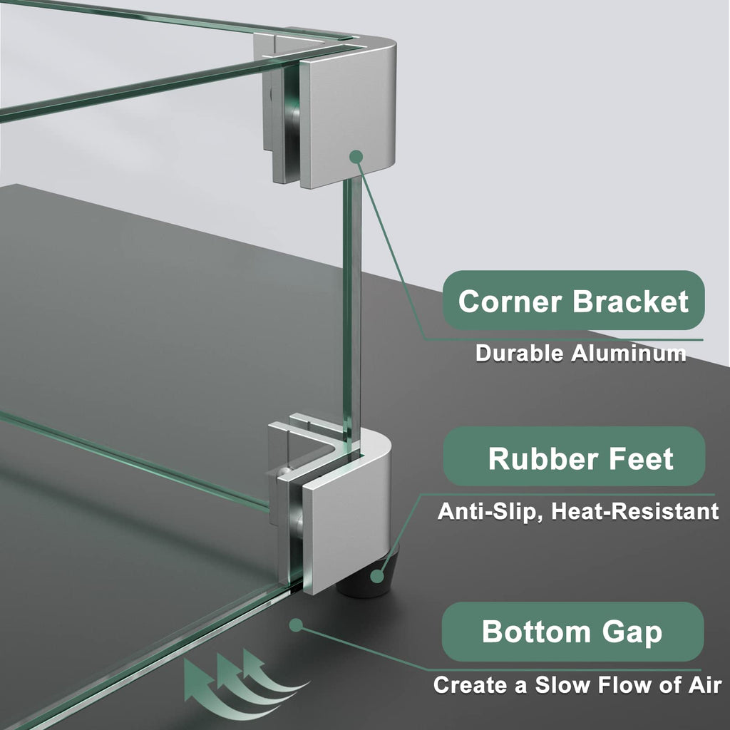 GASPRO 35.5 x 15.5 Inch Glass Wind Guard for Rectangular Fire Pit Table, Thick and Sturdy Tempered Glass Panel with Hard Aluminum Corner Bracket & Rubber Feet, Easy to Assemble