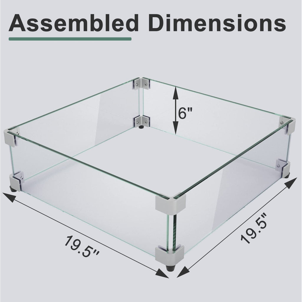 GASPRO 19.5 Inch Glass Wind Guard for Square Fire Pit Table, Thick and Sturdy Tempered Glass Panel with Hard Aluminum Corner Bracket & Rubber Feet, Easy to Assemble