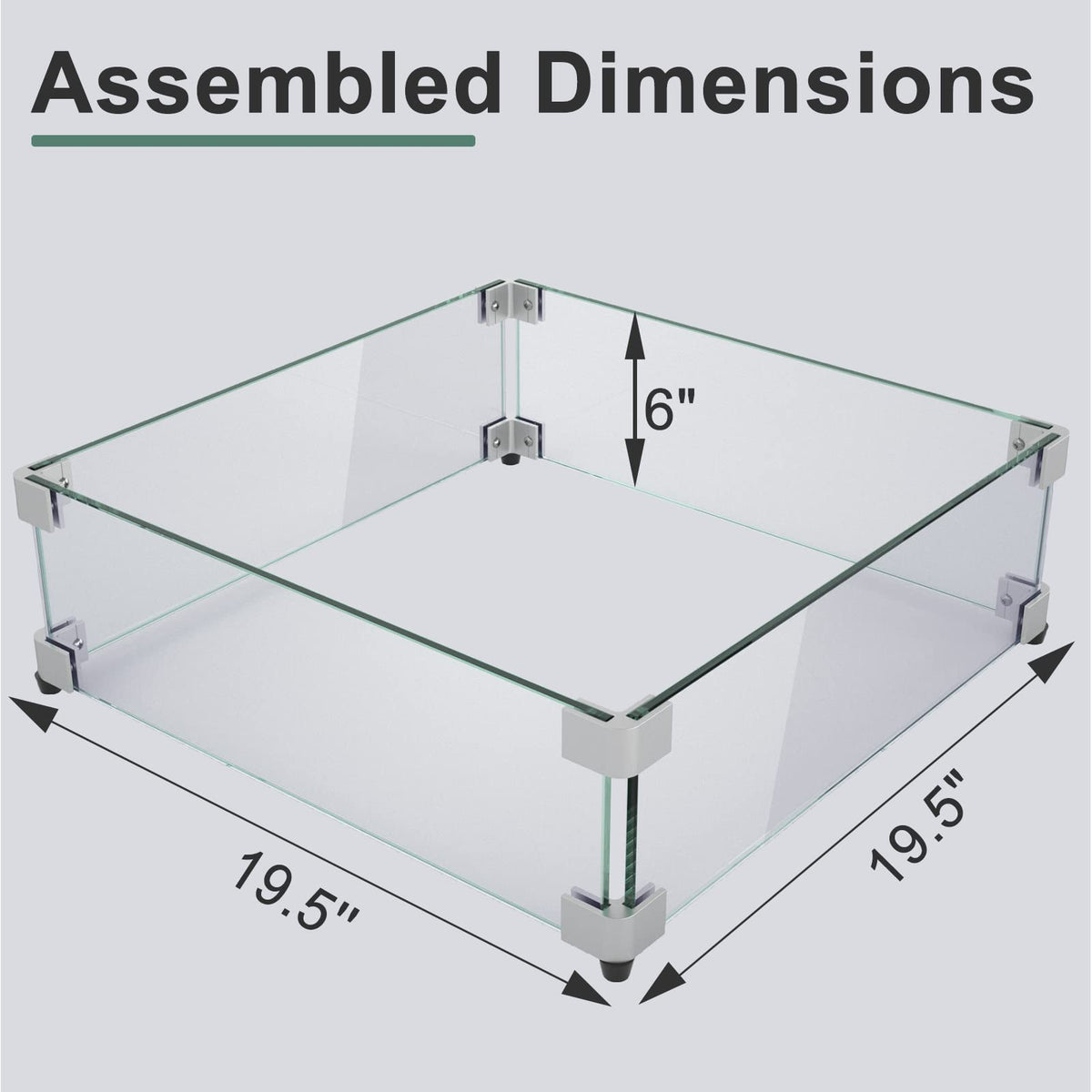 GASPRO 19.5 Inch Glass Wind Guard for Square Fire Pit Table, Thick and Sturdy Tempered Glass Panel with Hard Aluminum Corner Bracket & Rubber Feet, Easy to Assemble