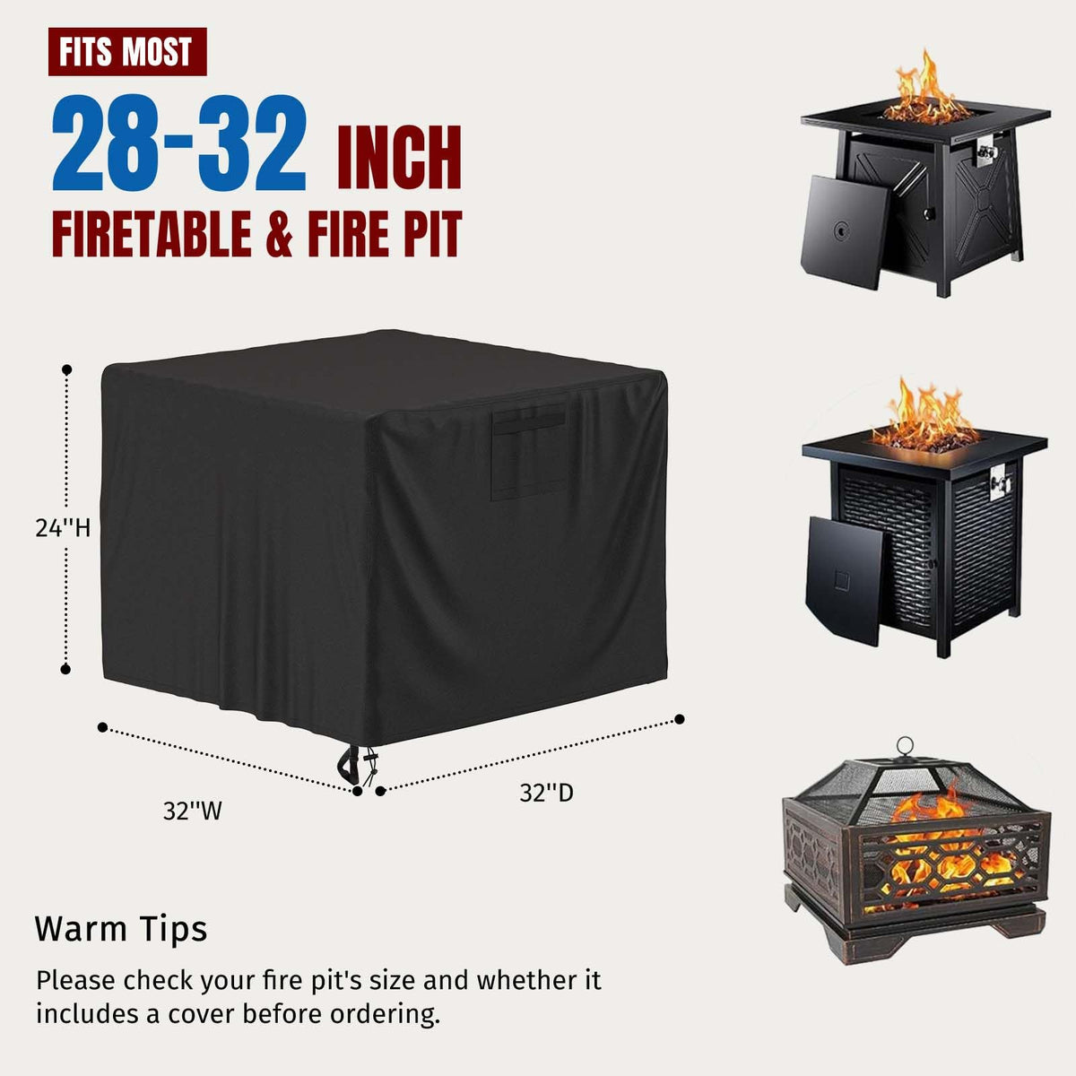 GASPRO 32 Inch Fire Pit Cover Square, Fits for 28-32 Inch Outdoor Fire Pit Table, Waterproof Layer & Double Stitching with Windproof Drawstring and Buckle Straps, 32 x 32 x 24 Inches, Black