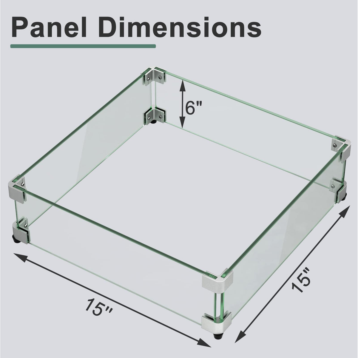 GASPRO 15" x 15" x 6" Fire Pit Glass Wind Guard, Tempered Glass Firepit Table Shield, Thick and Sturdy, with Hard Aluminum Corner Bracket & Rubber Feet, Easy to Assemble