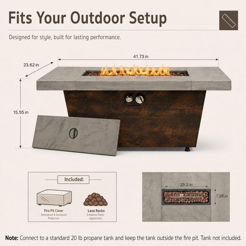 Gaspro 42 Inch Gas Fire Pit Table, Rectangle Fire Pit with Cement-Imitation Texture, 50000 BTU Outdoor Propane Firepit with Electronic Ignition & Stainless Steel Burner for Patio Backyard Heating