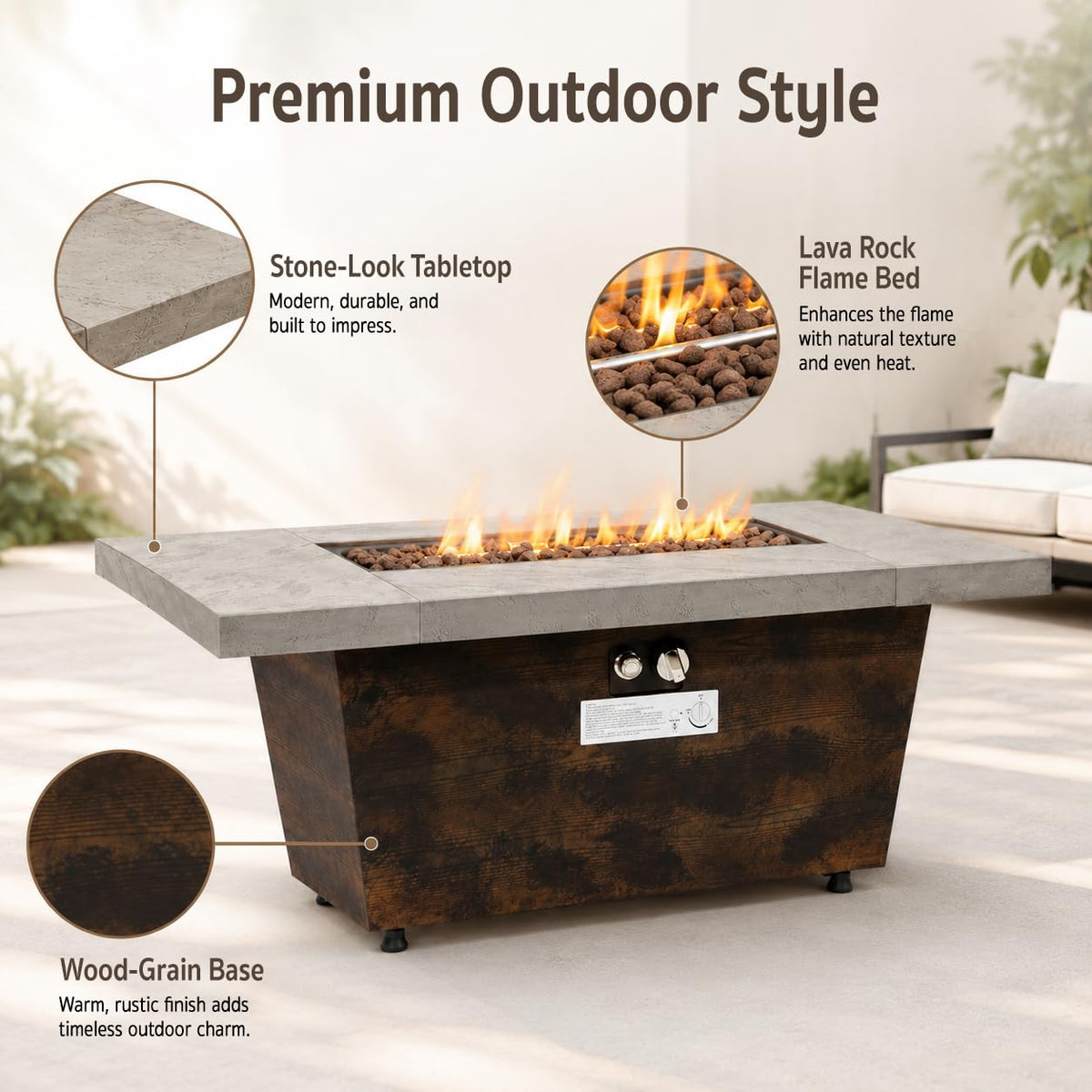Gaspro 42 Inch Gas Fire Pit Table, Rectangle Fire Pit with Cement-Imitation Texture, 50000 BTU Outdoor Propane Firepit with Electronic Ignition & Stainless Steel Burner for Patio Backyard Heating