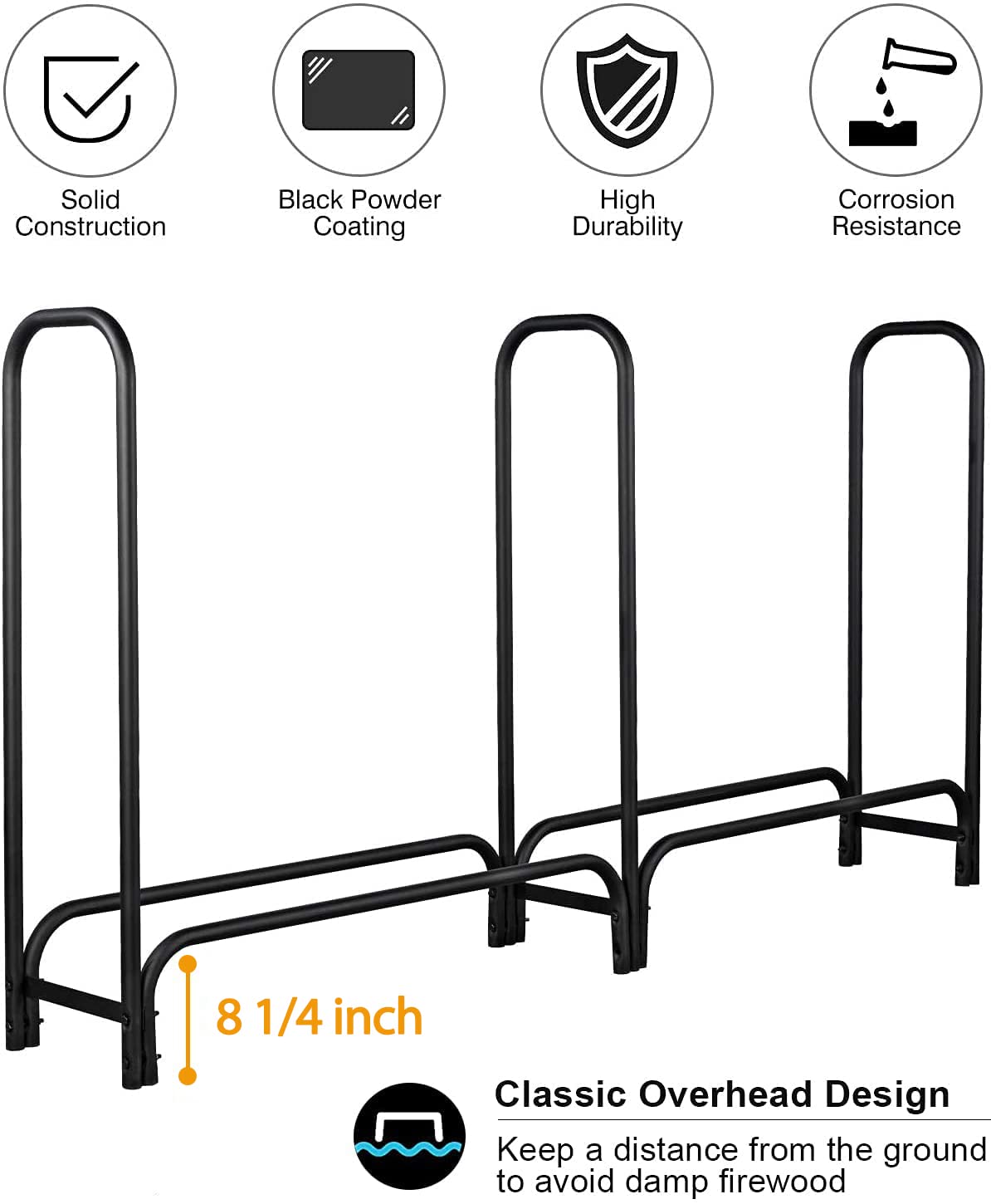 GASPRO 8FT Firewood Rack Outdoor with Cover, Adds Sturdy Middle Upright, Heavy Duty Steel Log Rack Wood Holder, Easy to Assemble