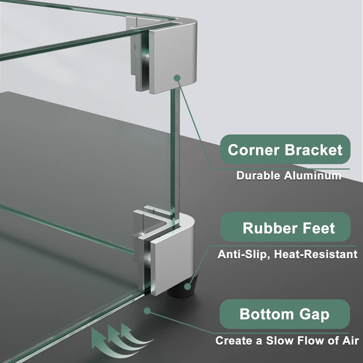 GASPRO 29 x 13 Inch Glass Wind Guard for Rectangular Fire Pit Table, Thick and Sturdy Tempered Glass Panel with Hard Aluminum Corner Bracket & Rubber Feet, Easy to Assemble