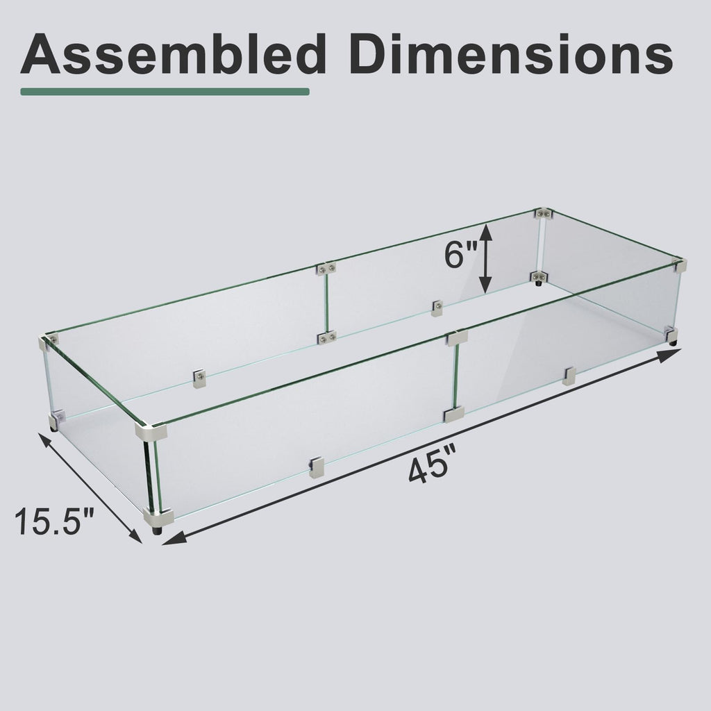 GASPRO 45 x 15.5 Inch Glass Wind Guard for Rectangular Fire Pit Table, Thick and Sturdy Tempered Glass Panel with Hard Aluminum Corner Bracket & Feet, Easy to Assemble