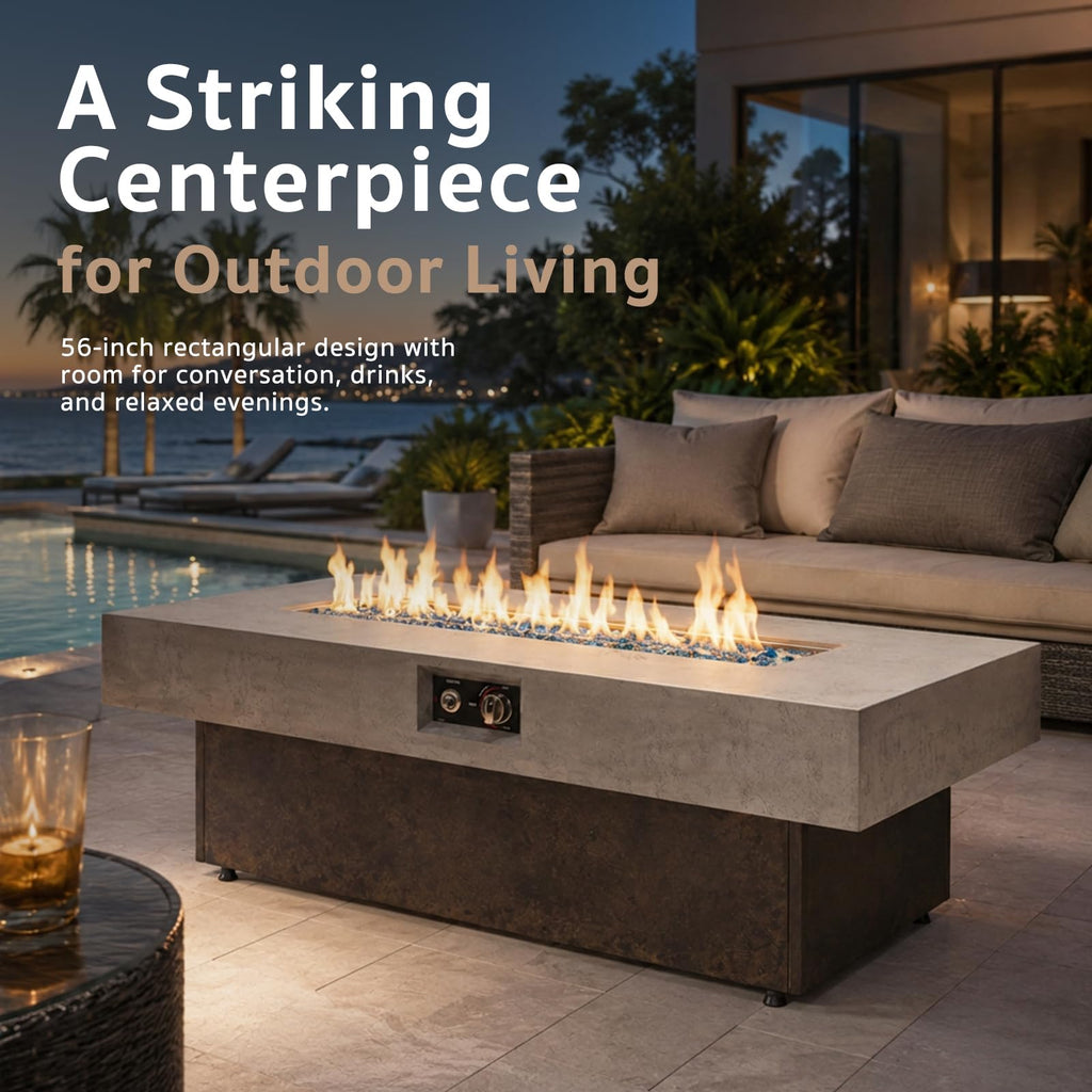 Gaspro 56 Inch Tabletop Propane Fire Pits, 50000 BTU Outdoor Firepit Table with Three Height Adjustable Levels, Stainless Steel Bowl & Burner, Cement-Imitation Texture for Patio Backyard Garden