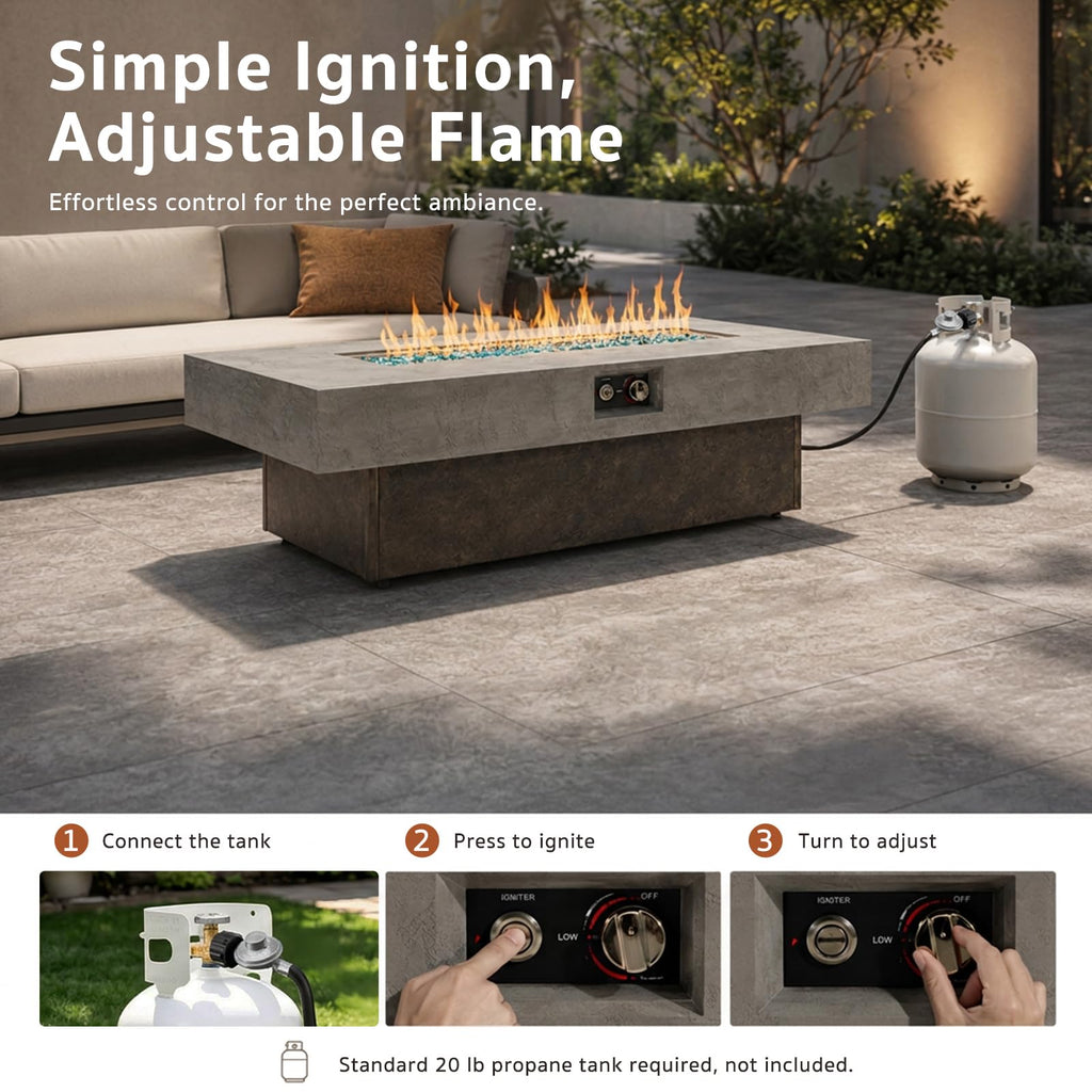Gaspro 56 Inch Tabletop Propane Fire Pits, 50000 BTU Outdoor Firepit Table with Three Height Adjustable Levels, Stainless Steel Bowl & Burner, Cement-Imitation Texture for Patio Backyard Garden
