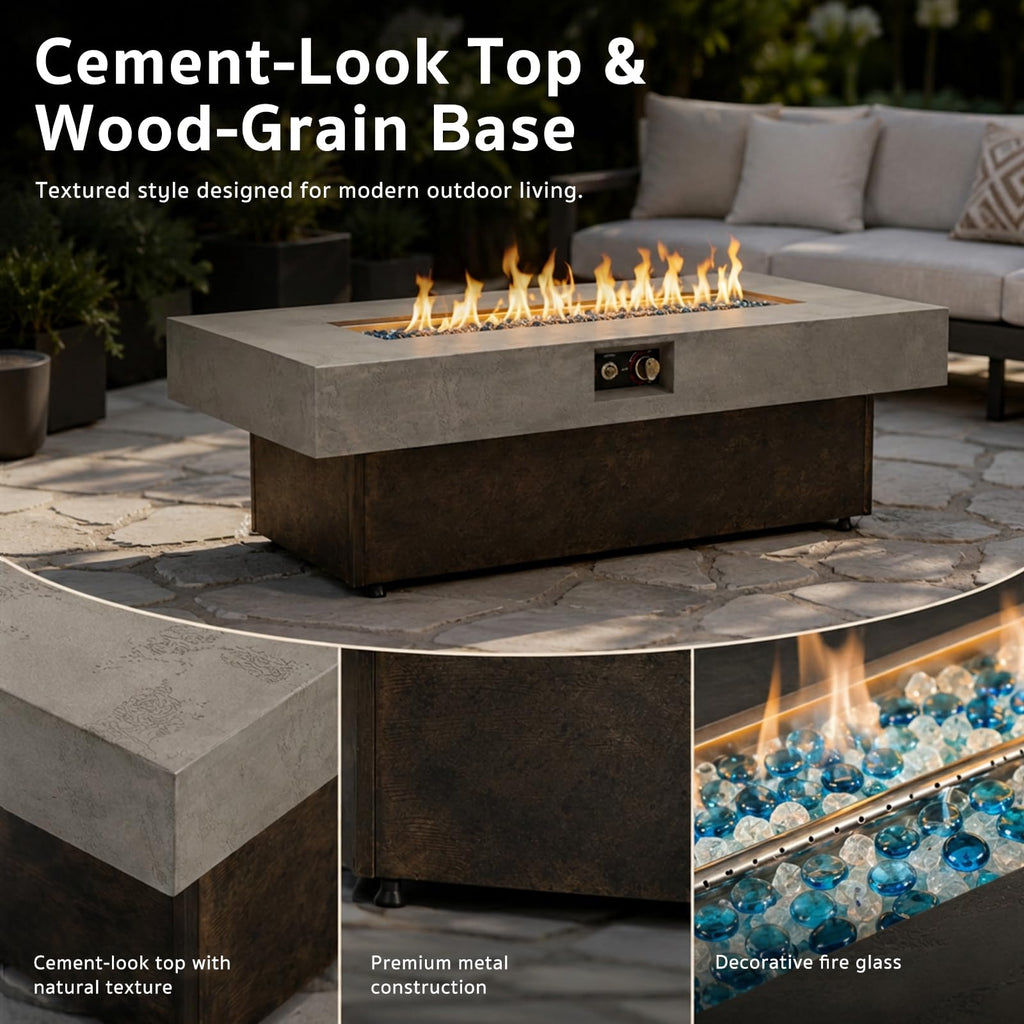 Gaspro 56 Inch Tabletop Propane Fire Pits, 50000 BTU Outdoor Firepit Table with Three Height Adjustable Levels, Stainless Steel Bowl & Burner, Cement-Imitation Texture for Patio Backyard Garden