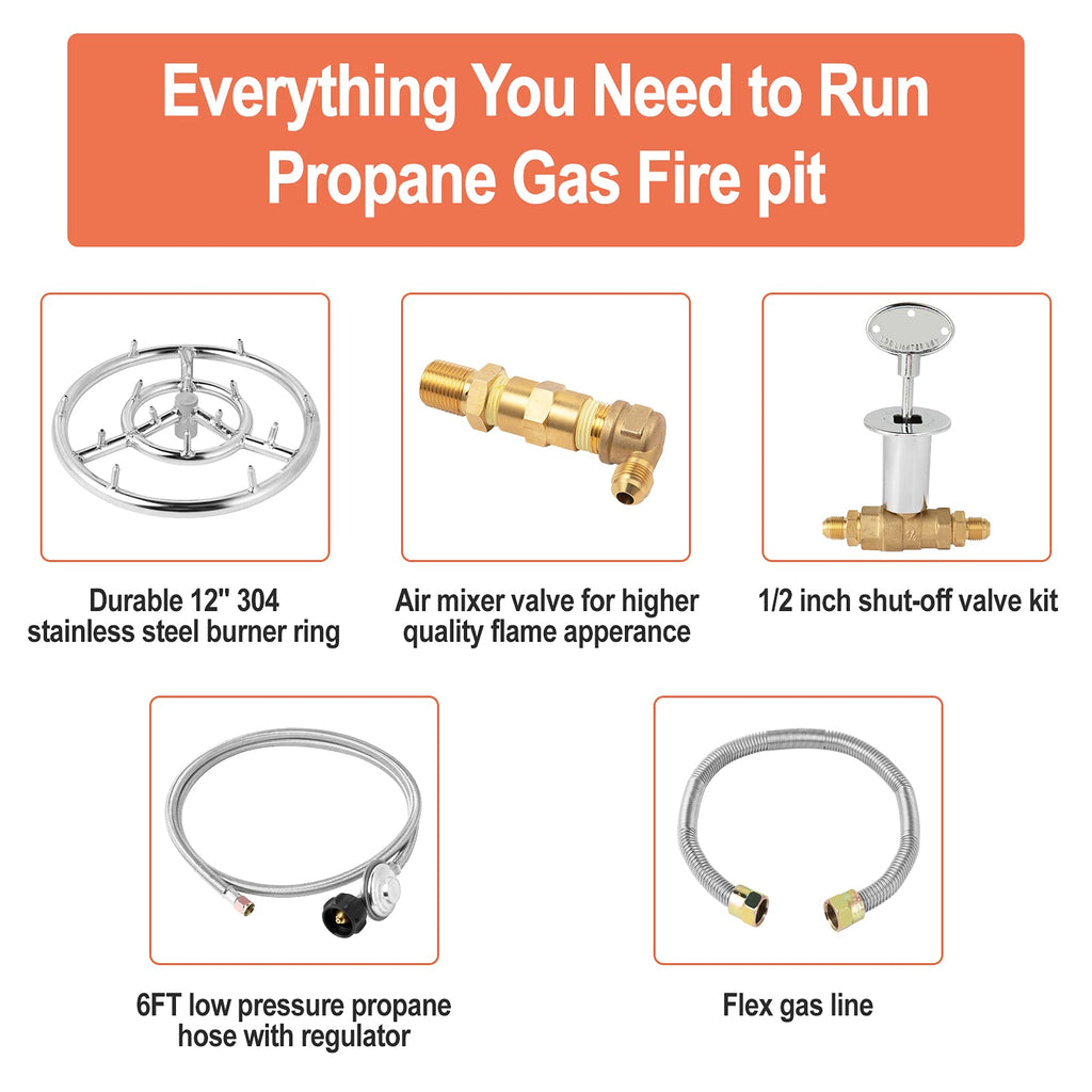 GASPRO Propane Gas Fire Pit Kit, with 12 Inch Jet Fire Pit Burner Ring, for DIY & Upgrade Propane Fire Pit, Fireplace, Heavy Duty 304 Stainless Steel, Indoor & Outdoor Use