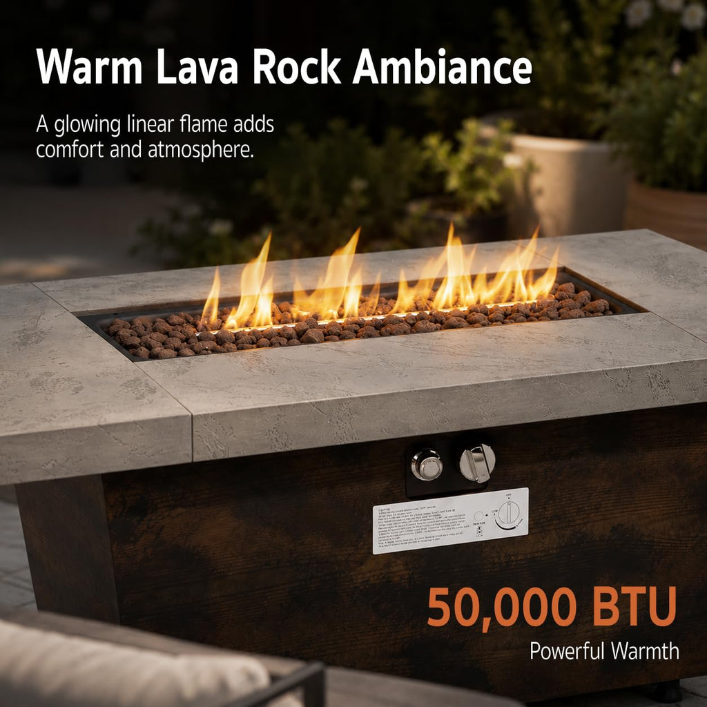 Gaspro 42 Inch Gas Fire Pit Table, Rectangle Fire Pit with Cement-Imitation Texture, 50000 BTU Outdoor Propane Firepit with Electronic Ignition & Stainless Steel Burner for Patio Backyard Heating