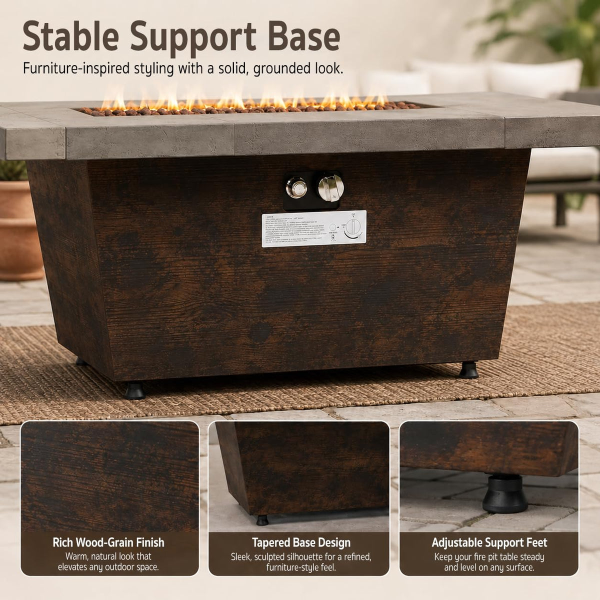 Gaspro 42 Inch Gas Fire Pit Table, Rectangle Fire Pit with Cement-Imitation Texture, 50000 BTU Outdoor Propane Firepit with Electronic Ignition & Stainless Steel Burner for Patio Backyard Heating