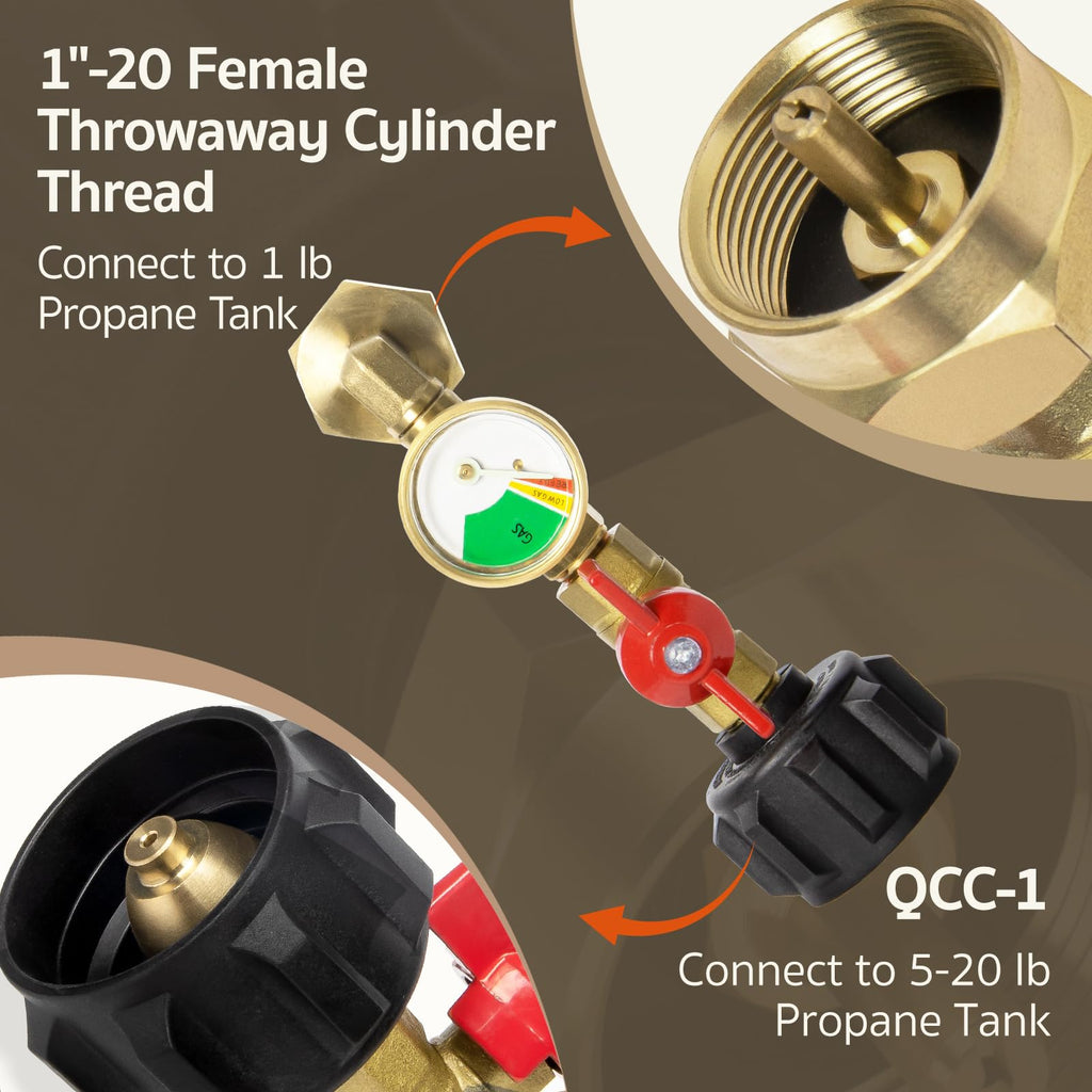 GASPRO Upgraded Propane Refill Adapter with Valve and Gauge, Fill 1 lb Bottles from 20 lb Tank, 90-Degree Elbow Design, Easy to Use, Solid Brass