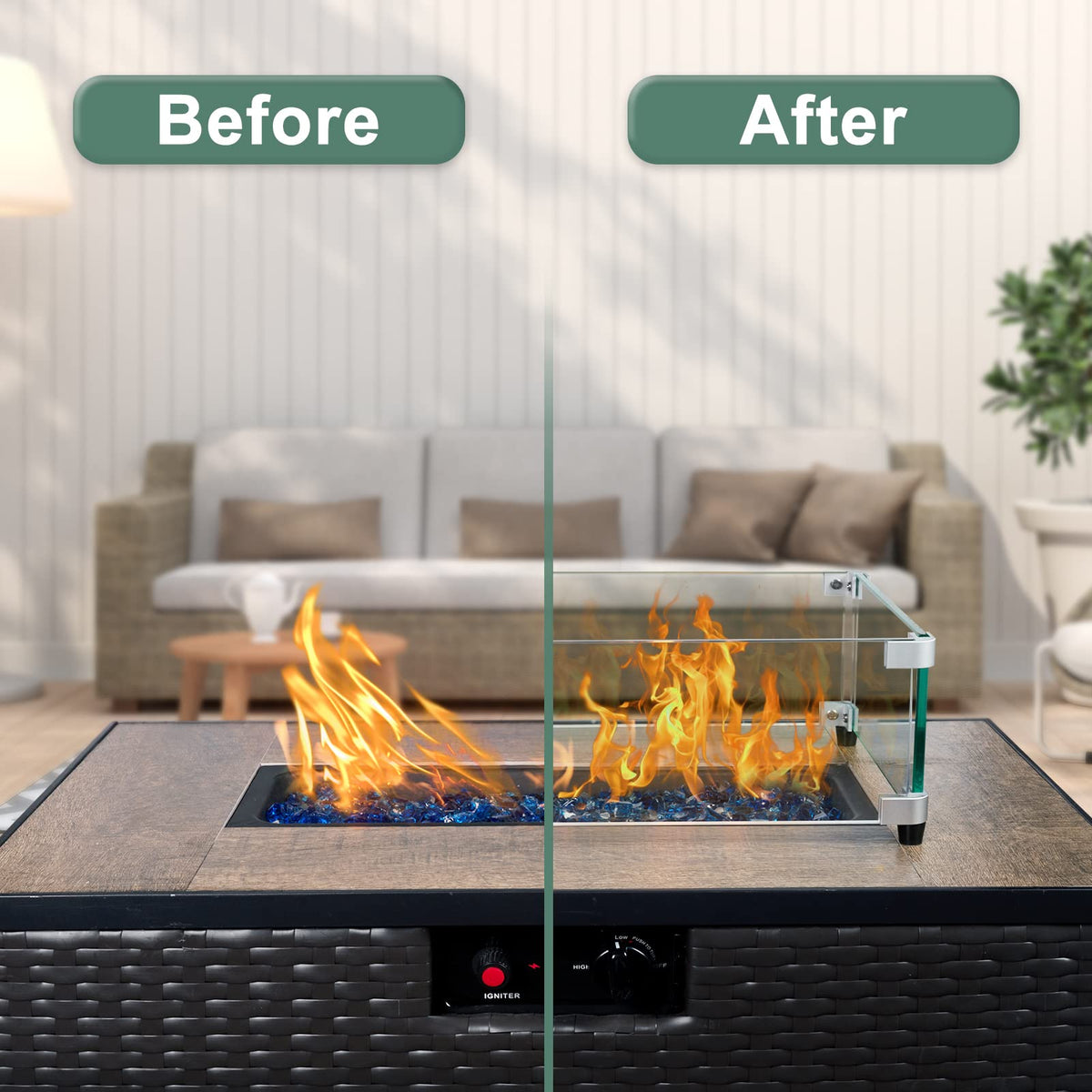 GASPRO 29 x 13 Inch Glass Wind Guard for Rectangular Fire Pit Table, Thick and Sturdy Tempered Glass Panel with Hard Aluminum Corner Bracket & Rubber Feet, Easy to Assemble