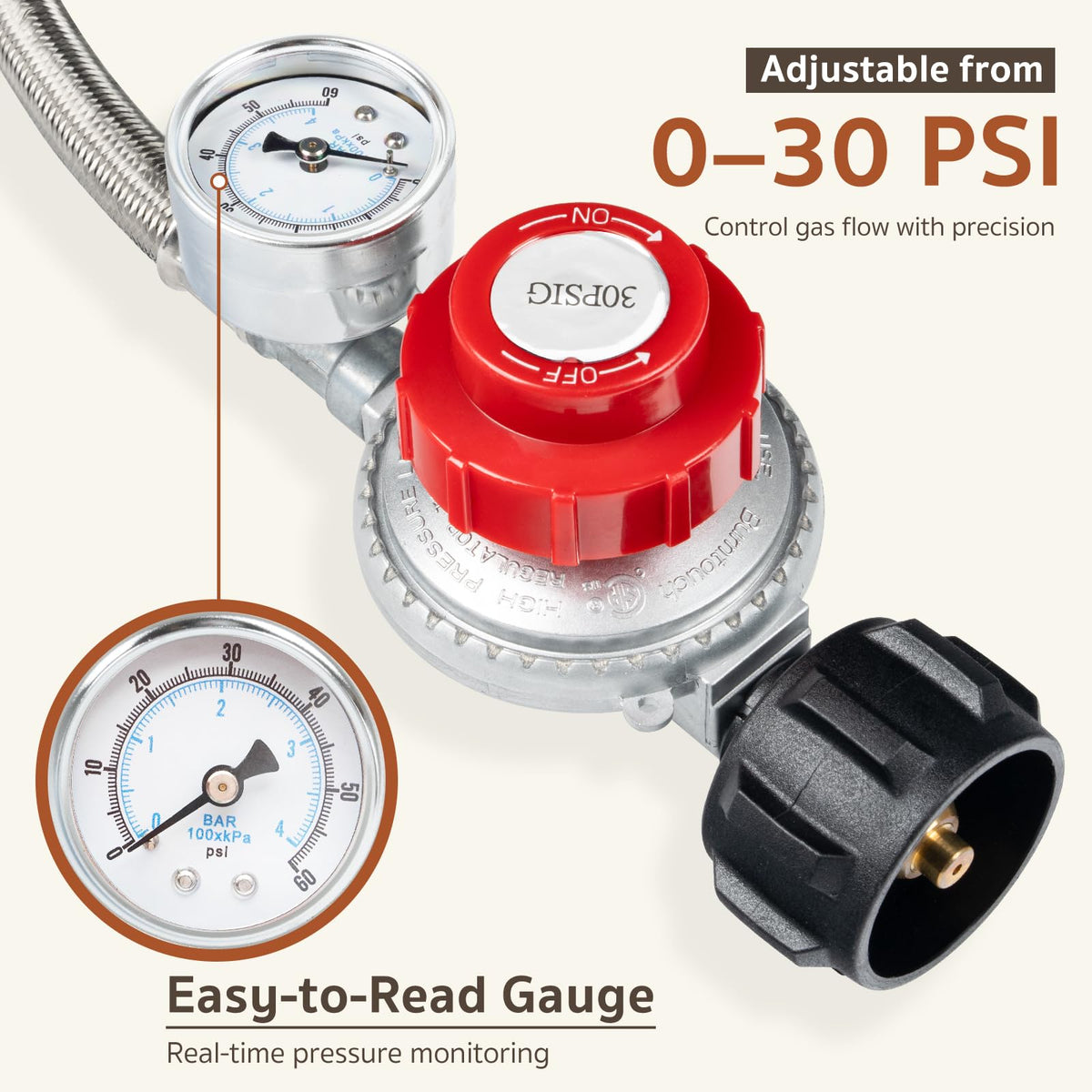 GASPRO 0-30 PSI Adjustable High Pressure Propane Regulator with Gauge, 5-Foot Stainless Braided Hose, Perfect for Turkey Fryer, Gas Burner, Fire Pit