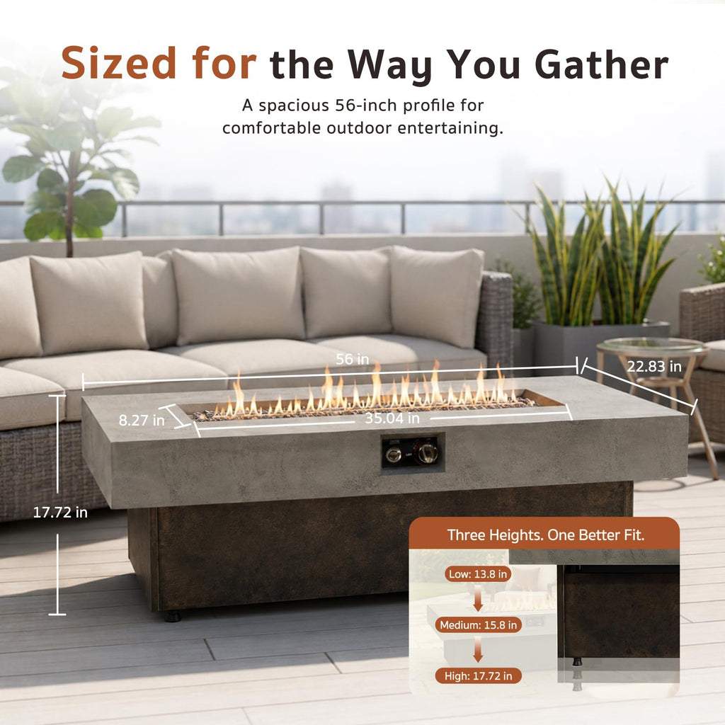 Gaspro 56 Inch Tabletop Propane Fire Pits, 50000 BTU Outdoor Firepit Table with Three Height Adjustable Levels, Stainless Steel Bowl & Burner, Cement-Imitation Texture for Patio Backyard Garden