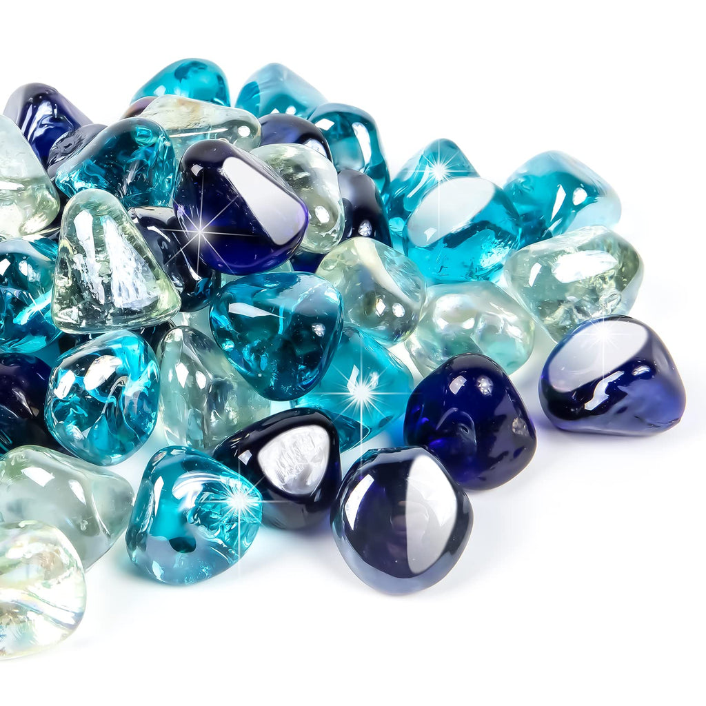 GASPRO 20 Pound Fire Glass Diamonds 1 Inch, Fire Pit Glass Rocks for Gas Fireplace and Fire Pit, Caribbean Blue, High Luster