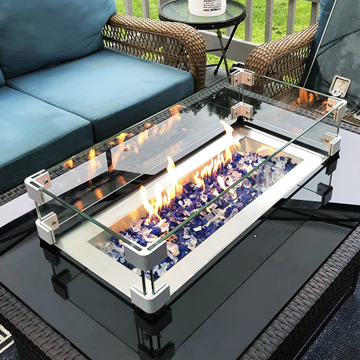 GASPRO 29 x 13 Inch Glass Wind Guard for Rectangular Fire Pit Table, Thick and Sturdy Tempered Glass Panel with Hard Aluminum Corner Bracket & Rubber Feet, Easy to Assemble