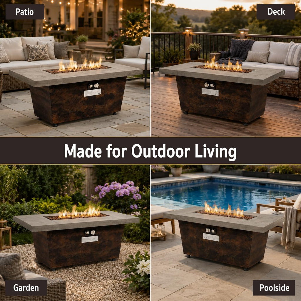 Gaspro 42 Inch Gas Fire Pit Table, Rectangle Fire Pit with Cement-Imitation Texture, 50000 BTU Outdoor Propane Firepit with Electronic Ignition & Stainless Steel Burner for Patio Backyard Heating