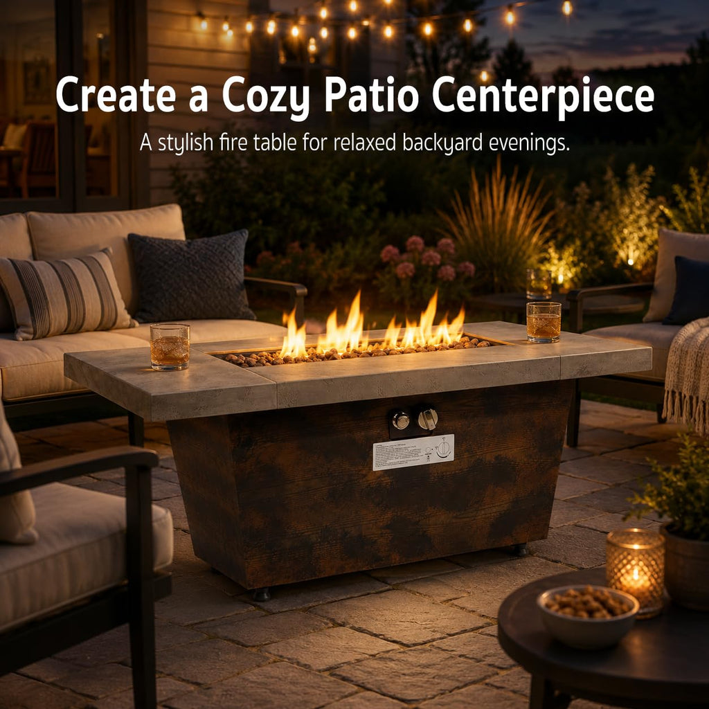 Gaspro 42 Inch Gas Fire Pit Table, Rectangle Fire Pit with Cement-Imitation Texture, 50000 BTU Outdoor Propane Firepit with Electronic Ignition & Stainless Steel Burner for Patio Backyard Heating