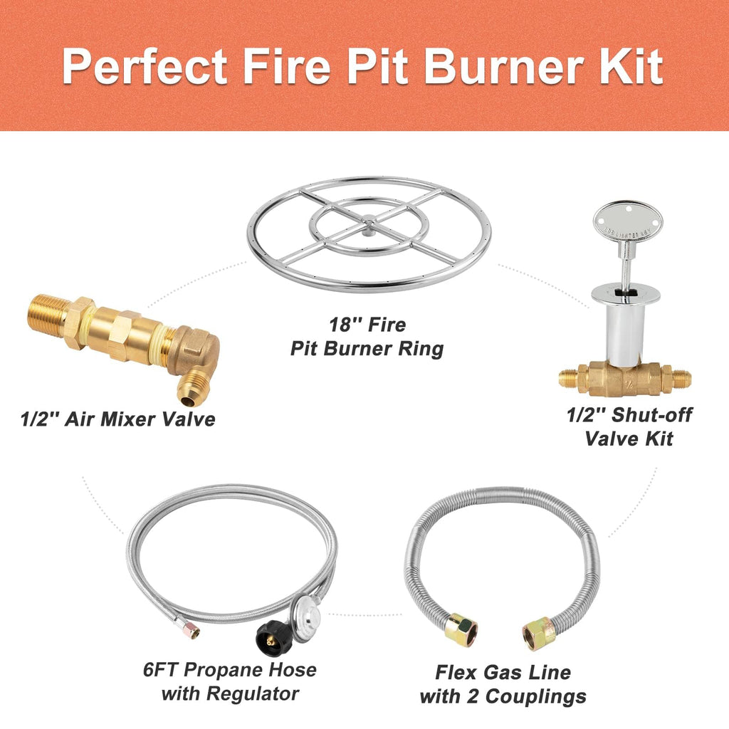 GASPRO Propane Fire Pit Burner 18 Inch Round with 1/2-Inch Air Mixer Valve Flex Gas Line with 2 Couplings 6FT Low-Pressure Propane Hose with Regulator User Manual