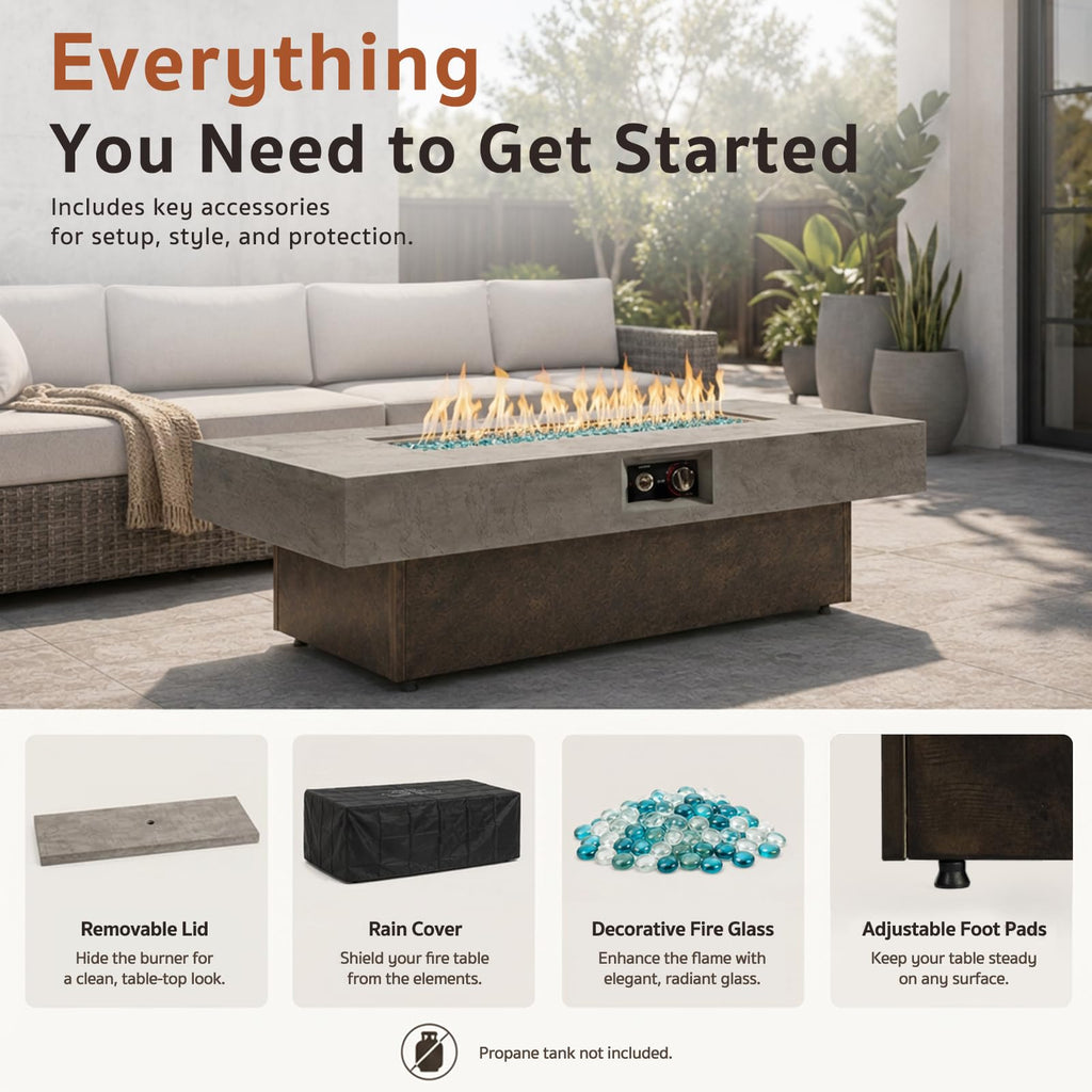 Gaspro 56 Inch Tabletop Propane Fire Pits, 50000 BTU Outdoor Firepit Table with Three Height Adjustable Levels, Stainless Steel Bowl & Burner, Cement-Imitation Texture for Patio Backyard Garden