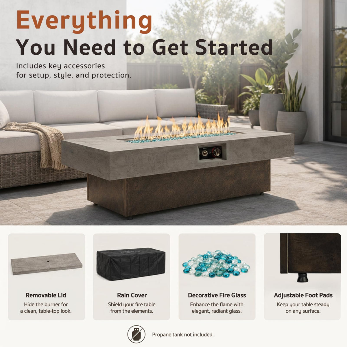 Gaspro 56 Inch Tabletop Propane Fire Pits, 50000 BTU Outdoor Firepit Table with Three Height Adjustable Levels, Stainless Steel Bowl & Burner, Cement-Imitation Texture for Patio Backyard Garden