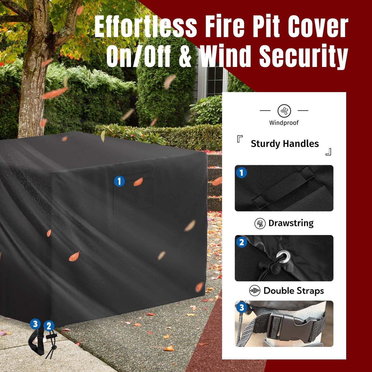 GASPRO 32 Inch Fire Pit Cover Square, Fits for 28-32 Inch Outdoor Fire Pit Table, Waterproof Layer & Double Stitching with Windproof Drawstring and Buckle Straps, 32 x 32 x 24 Inches, Black