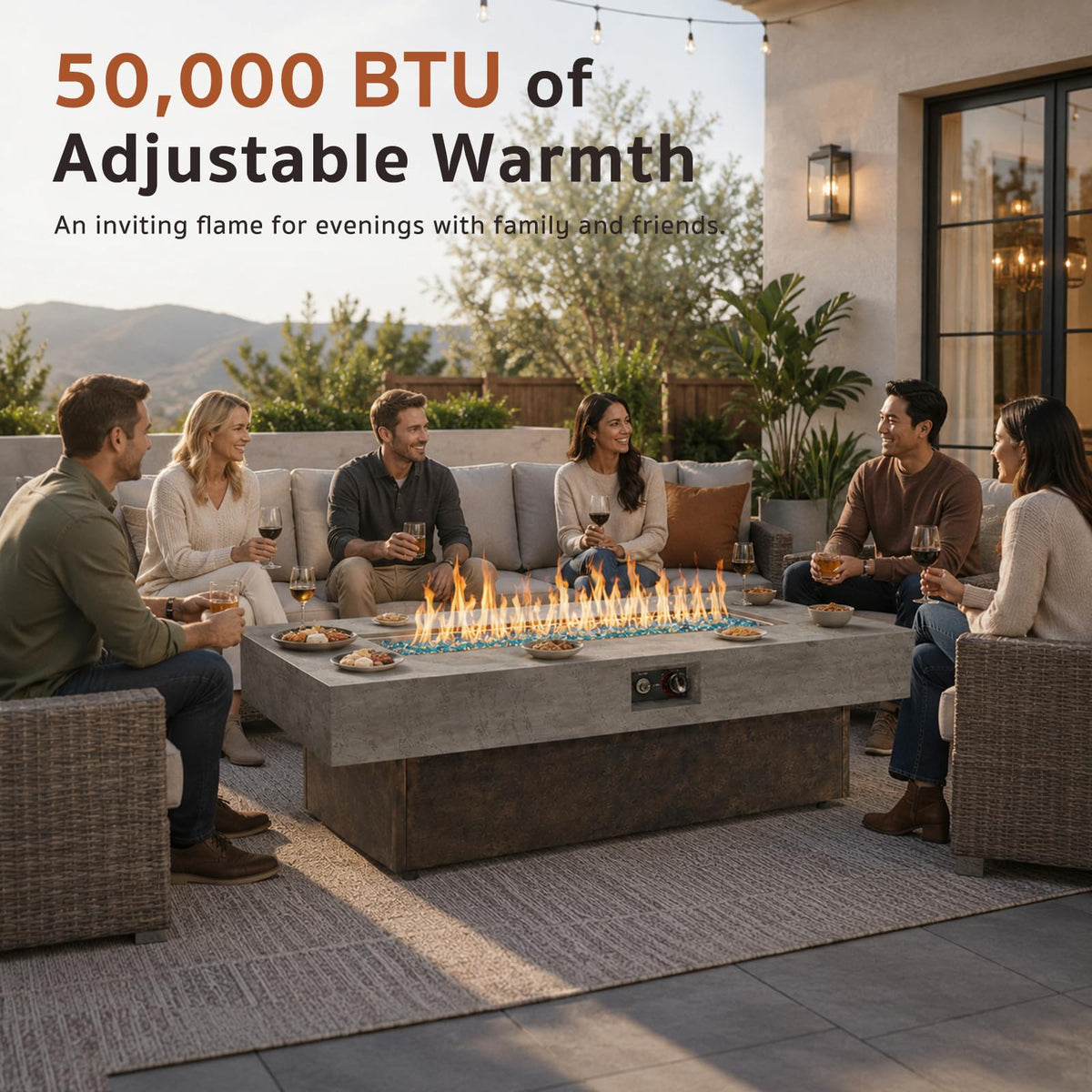 Gaspro 56 Inch Tabletop Propane Fire Pits, 50000 BTU Outdoor Firepit Table with Three Height Adjustable Levels, Stainless Steel Bowl & Burner, Cement-Imitation Texture for Patio Backyard Garden