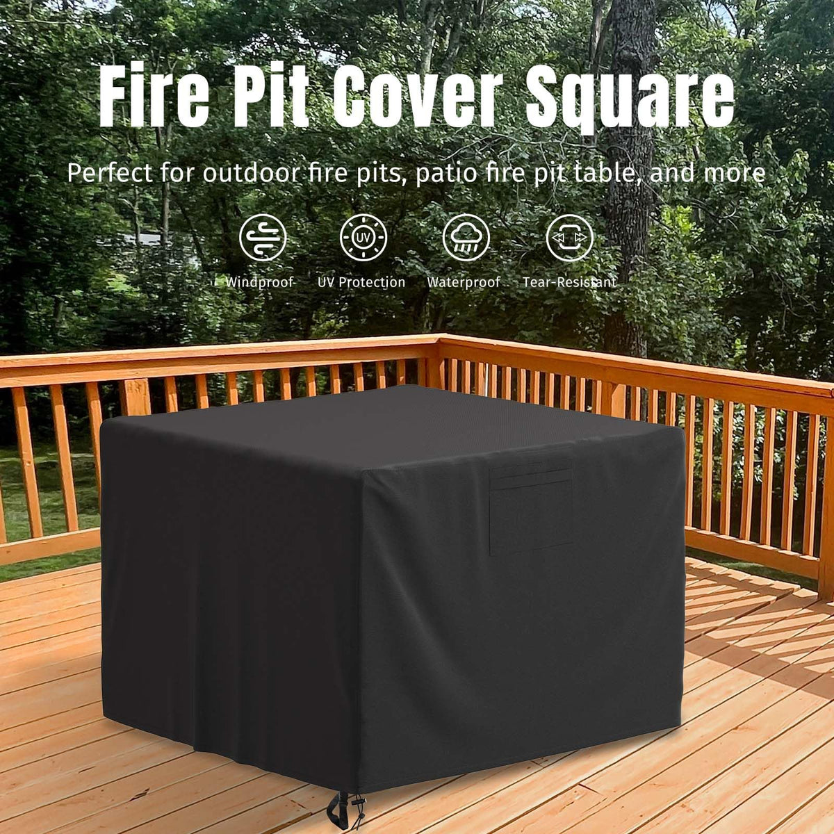 GASPRO 32 Inch Fire Pit Cover Square, Fits for 28-32 Inch Outdoor Fire Pit Table, Waterproof Layer & Double Stitching with Windproof Drawstring and Buckle Straps, 32 x 32 x 24 Inches, Black